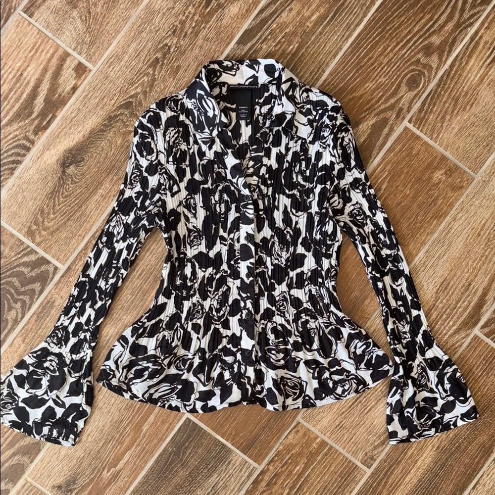 Petite Sophisticate Black and White Peplum Blouse with Notched Collar